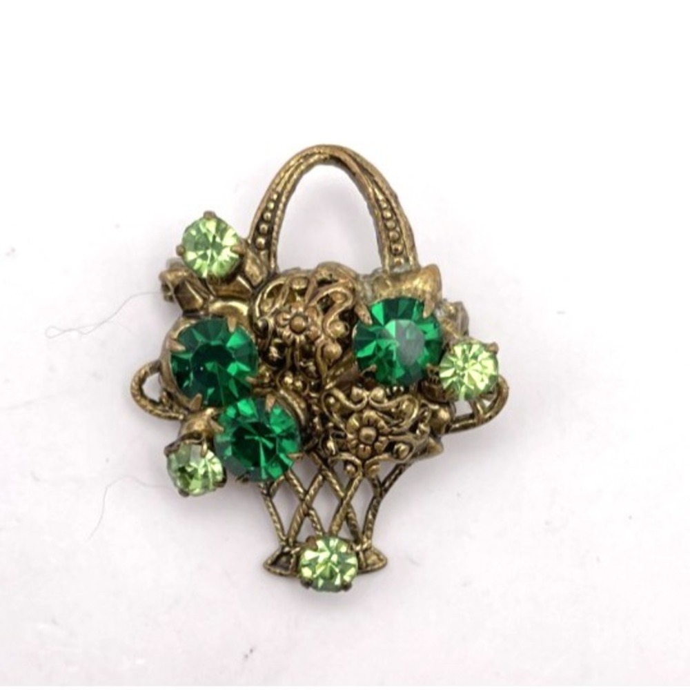 Vintage Flower Basket Brooch Green Stones